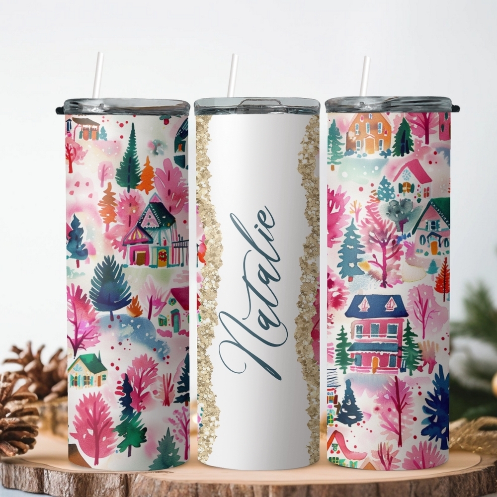 Personalized Name Winter Town Christmas Glitter Geode 20oz Skinny Tumbler